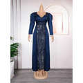 Elegant navy blue plus size long sleeve sequined evening dress with puffed sleeves perfect for formal events