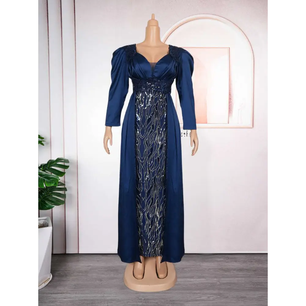 Elegant navy blue plus size long sleeve sequined evening dress with puffed sleeves perfect for formal events