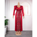 Plus size long sleeve sequined evening dress in vibrant red satin with gold and black feather-like sequined panel