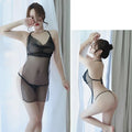 Plus size black sheer mesh apron pajamas lingerie set with thin straps halter neckline and back tie detail visible from back