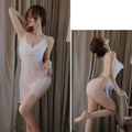 White sheer mesh lingerie set with halter neckline and back straps in plus size mesh apron pajamas