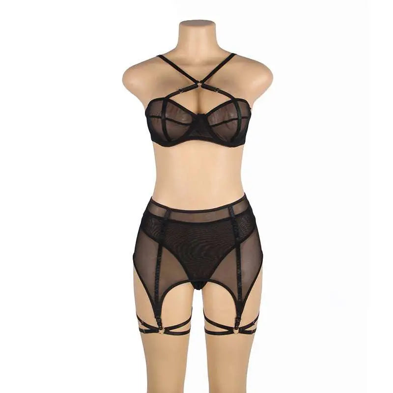 Plus size mesh lingerie set in black sheer mesh with crisscross straps and garter belts with leg ties