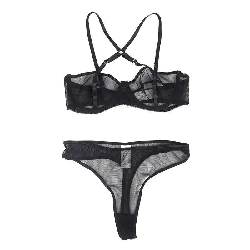 Plus size mesh lingerie set in black sheer fabric with crossed-back straps and garter belts thong bottom shown from back