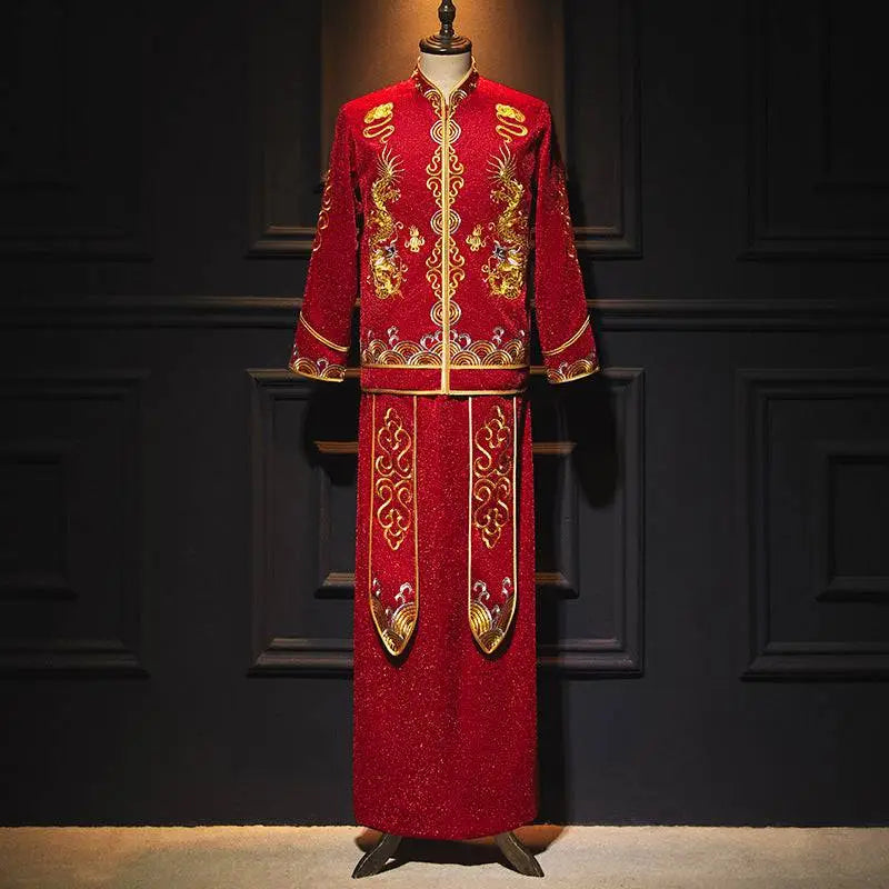 A vibrant red plus size slimming toast dress with intricate gold dragon embroidery and auspicious symbols