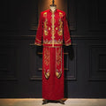 Plus size red dragon embroidery slimming toast dress in red with intricate gold embroidery and sparkling fabric