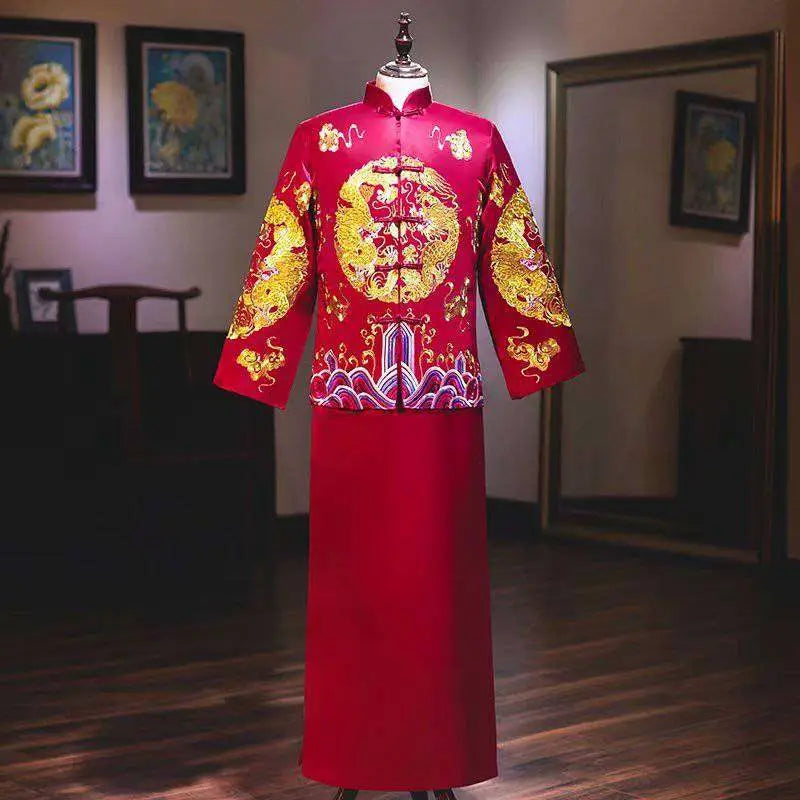 Plus size red dragon embroidery slimming toast dress featuring vibrant red fabric with intricate gold dragons and purple waves
