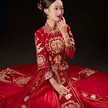A vibrant red plus size slimming toast dress with intricate gold dragon embroidery and auspicious symbols