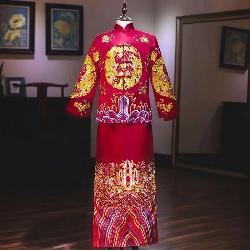 Plus size red slimming toast dress featuring vibrant red dragon embroidery and colorful patterned hem for weddings