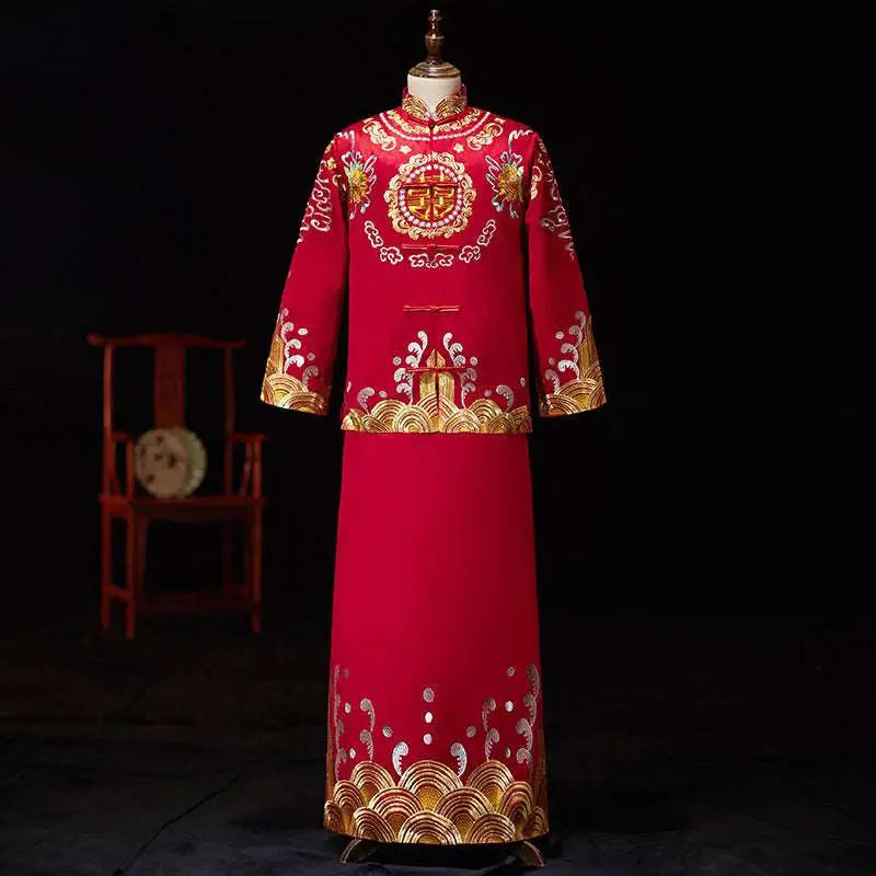 Plus size red dragon embroidery slimming toast dress with intricate gold and silver embroidery and auspicious symbols