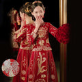 Plus size red dragon embroidery slimming toast dress featuring intricate gold phoenix embroidery and silver embellishments