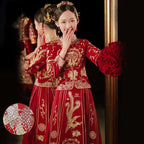 Plus size red dragon embroidery slimming toast dress featuring intricate gold phoenix embroidery and silver embellishments