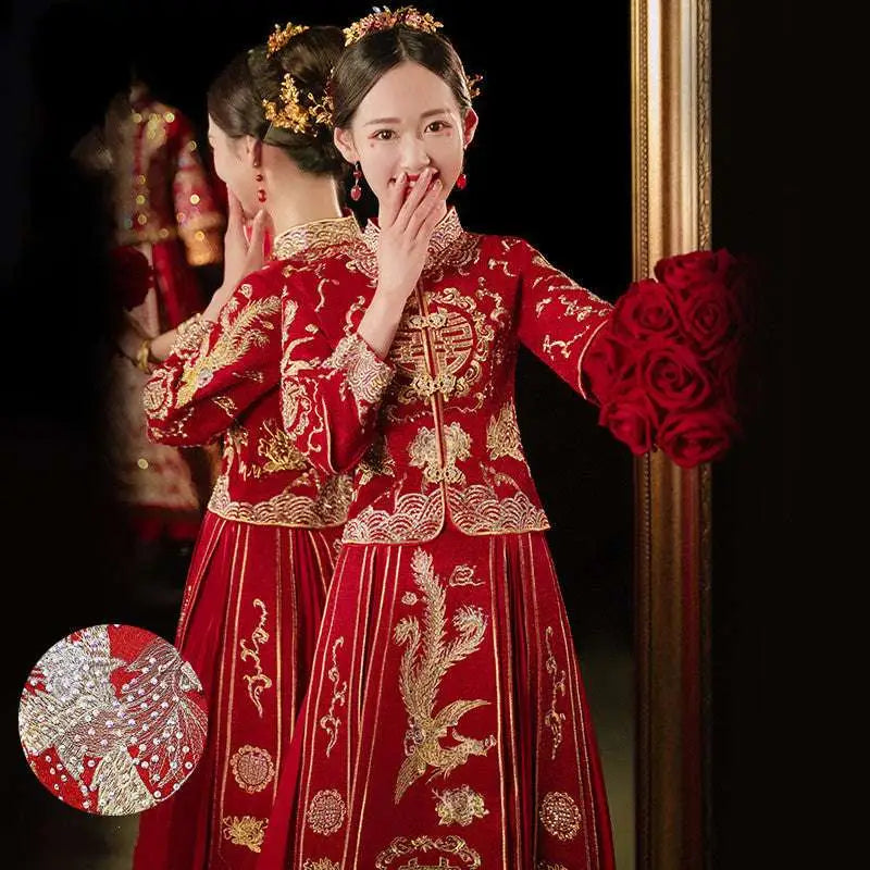 Plus size red dragon embroidery slimming toast dress featuring intricate gold phoenix embroidery and silver embellishments