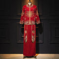 Plus size red dragon embroidery slimming toast dress with red sequined fabric gold embroidery and double happiness motif
