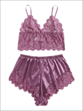 Plus size purple satin and floral lace bralette set with scalloped edges featuring delicate lace bralette design