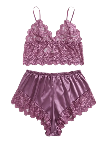 Plus size purple satin and floral lace bralette set with scalloped edges featuring delicate lace bralette design