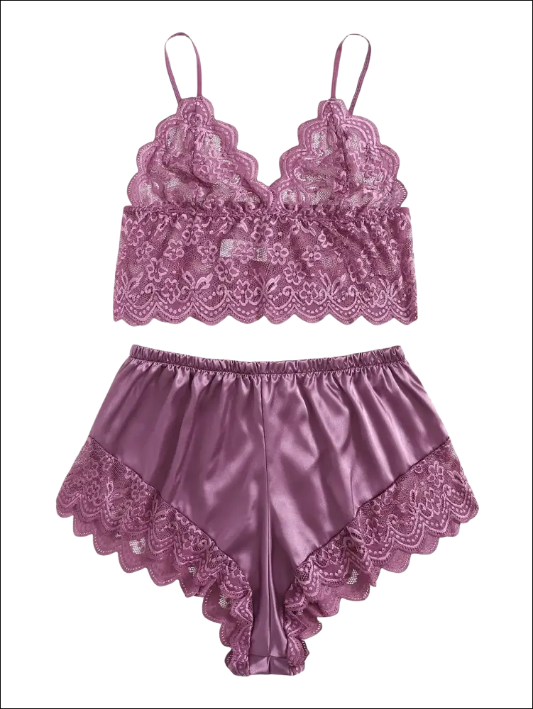 Plus size purple satin and floral lace bralette set with scalloped edges featuring delicate lace bralette design