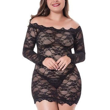 Plus size sexy black lace off shoulder mini dress with long sleeves and scalloped hem for elegant occasions