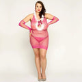 Plus size sexy lingerie christmas pink mesh bodycon dress with white fur trim and long matching fishnet gloves for cosplay