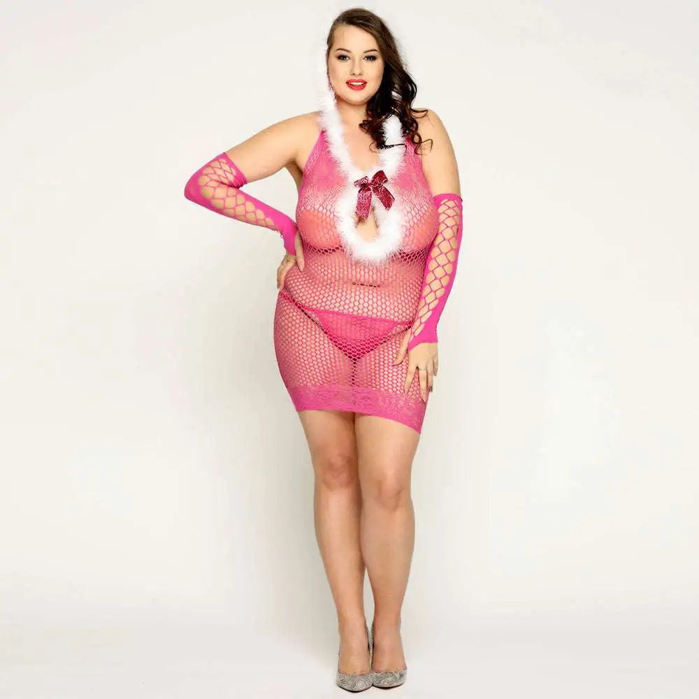 Plus size sexy lingerie christmas pink mesh bodycon dress with white fur trim and red bow for lingerie christmas cosplay