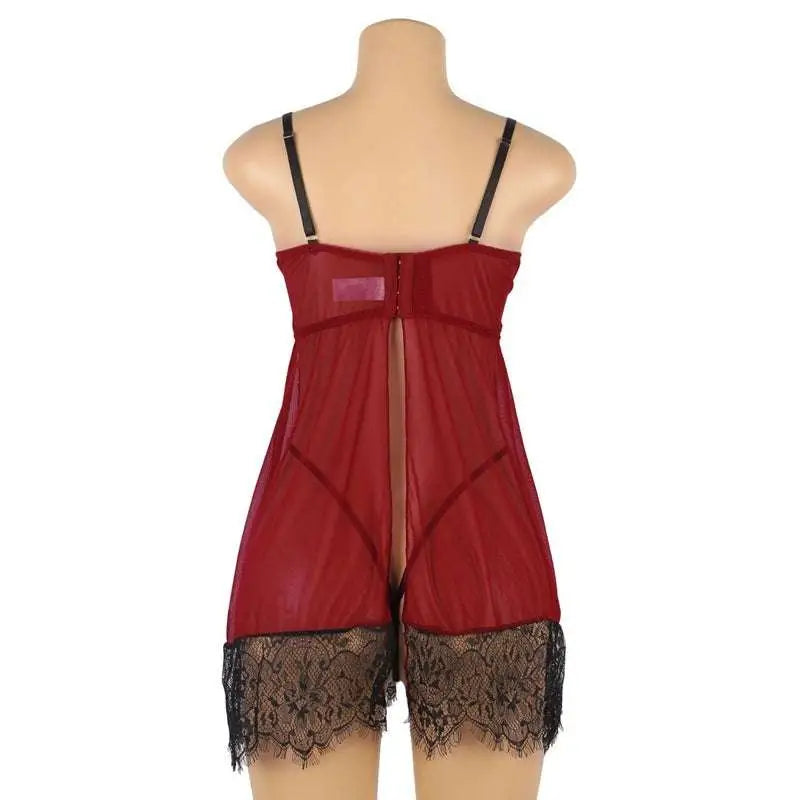 Plus size sexy backless nightdress in red sheer fabric with black lace trim and thin straps for elegant lingerie wear