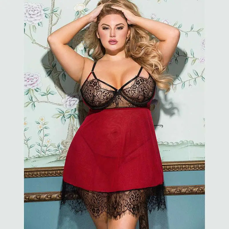 Plus size sexy backless nightdress in black and red lace trim with sheer mesh bodice and matching skirt