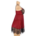 Plus size sexy red sheer backless nightdress with black lace trim and matching lace bralette lingerie set