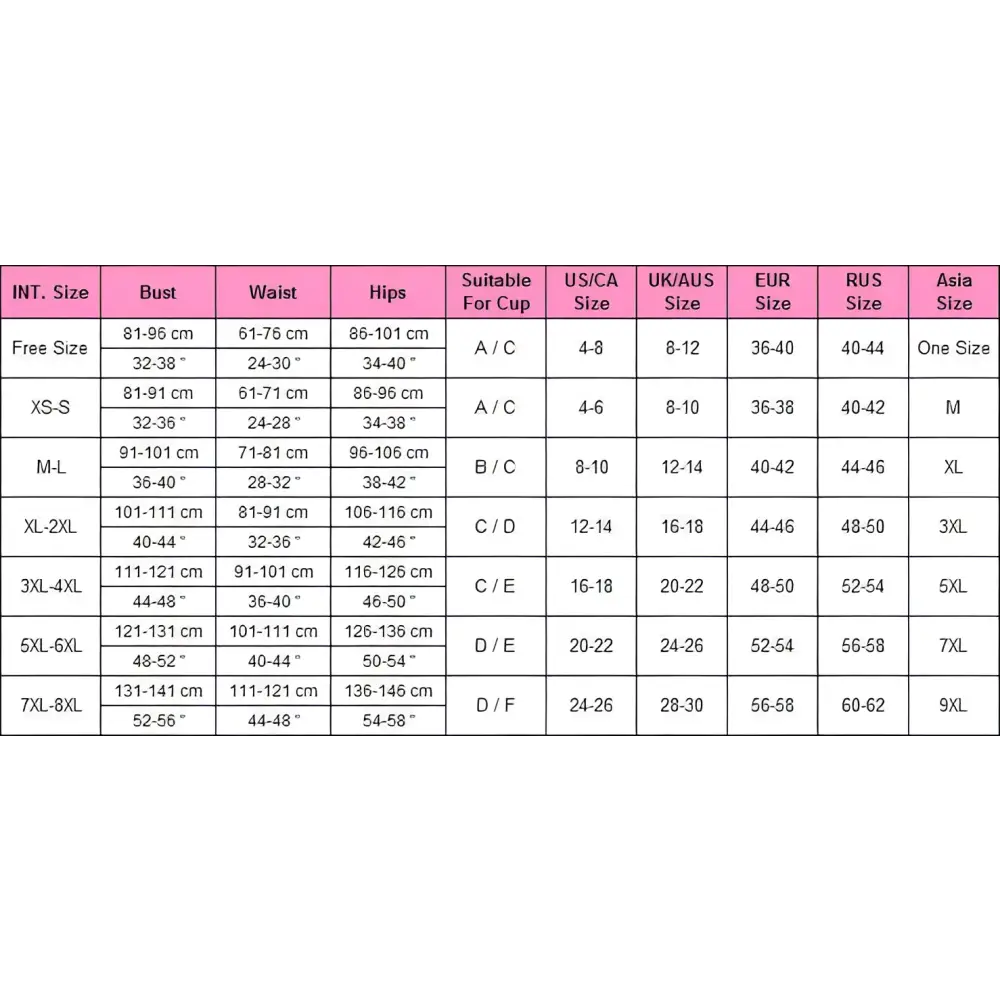 Size chart for plus size sexy lingerie lace backless nightdress showing bra measurements in centimeters and cup sizes