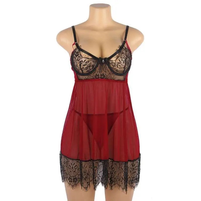 Plus size sexy red lace backless nightdress with black lace trim and thin straps for elegant nighttime wear