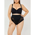 Plus size shaping black high-waisted bikini set with sheer mesh panels on sides for flattering shaping mesh bikini look