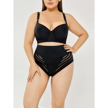 Plus size shaping black high-waisted bikini set with sheer mesh panels on the sides for a shaping mesh bikini look