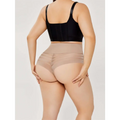 Beige plus size shaping mesh bikini briefs with sheer stretchy fabric and contoured back panel for body shaping