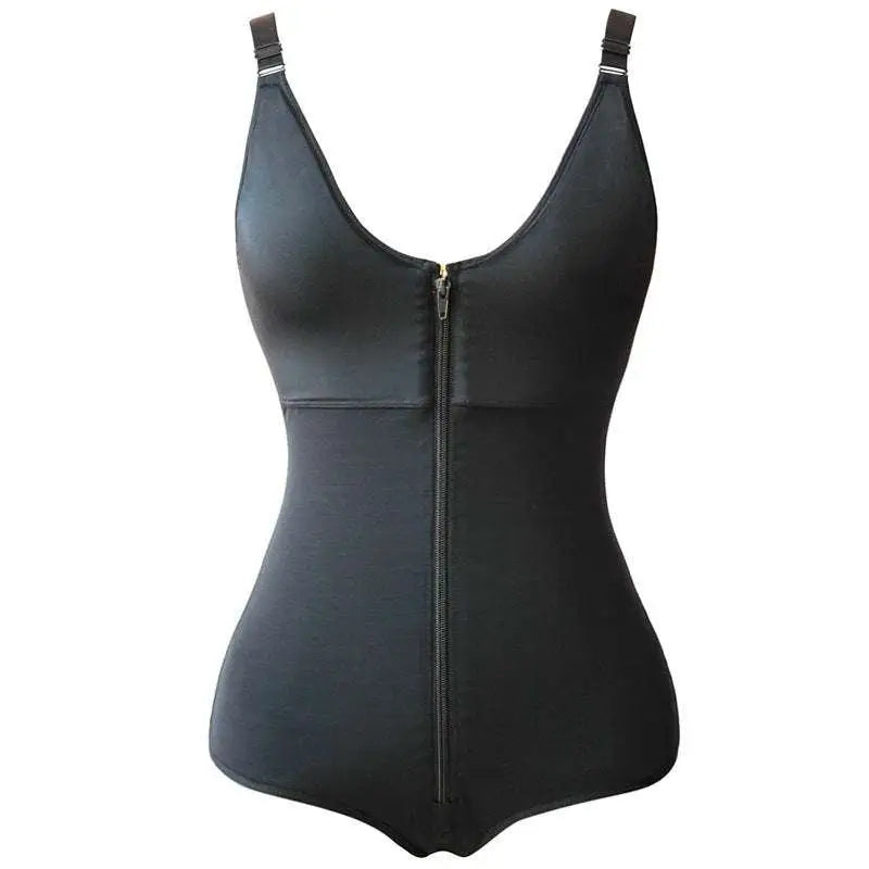 Black stretchy plus size shaping underwear bodysuit with front zipper and adjustable shoulder straps for comfortable size shaping