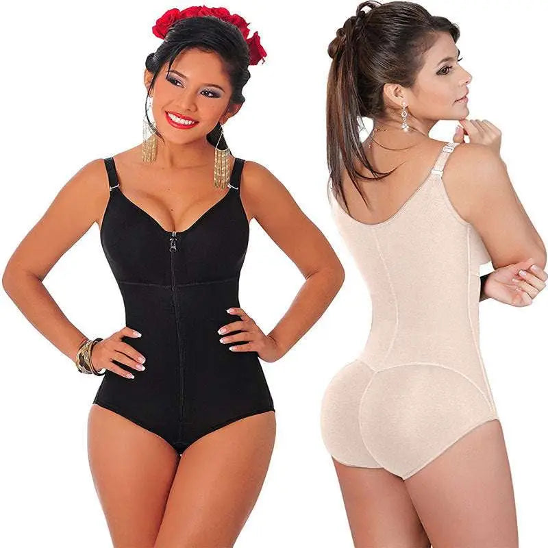 Plus size shaping underwear bodysuit in black and beige with front zipper and adjustable straps for comfortable size shaping
