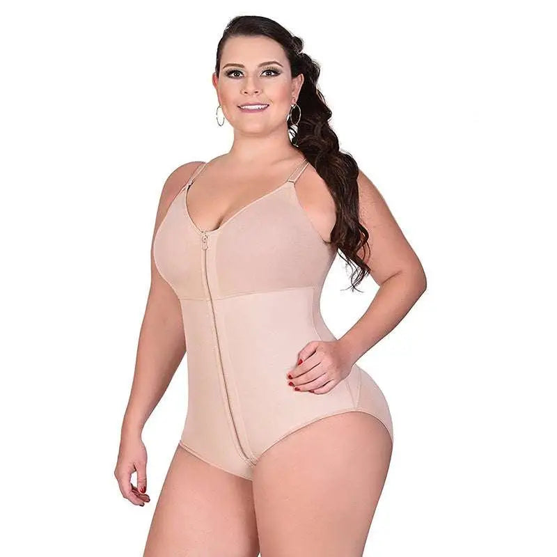 Beige plus size shaping underwear bodysuit with front zipper and thin straps for comfortable size shaping