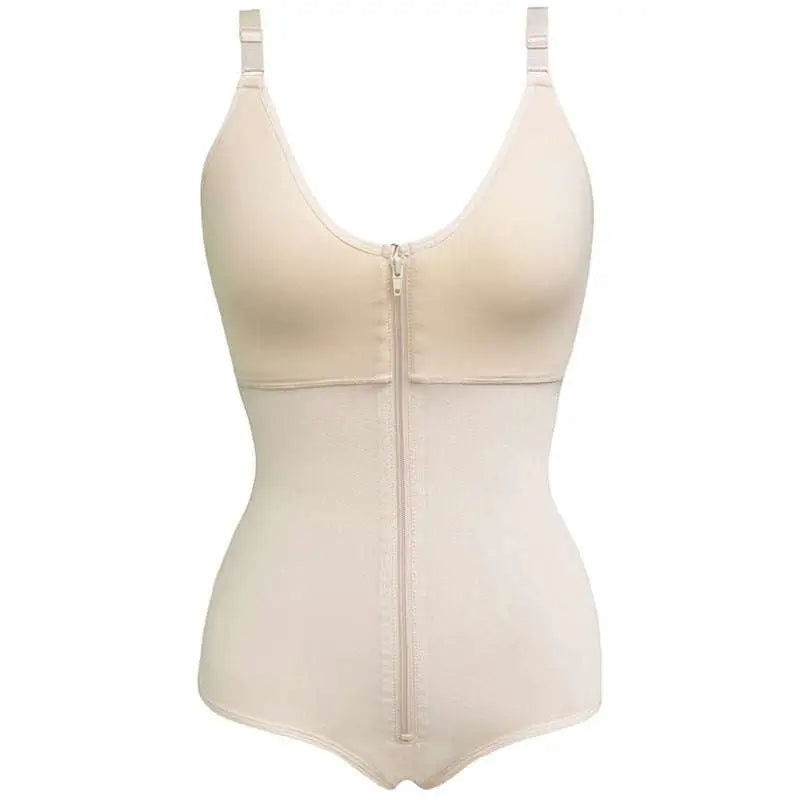 Beige plus size shaping underwear bodysuit with adjustable straps and front zipper for comfortable size shaping