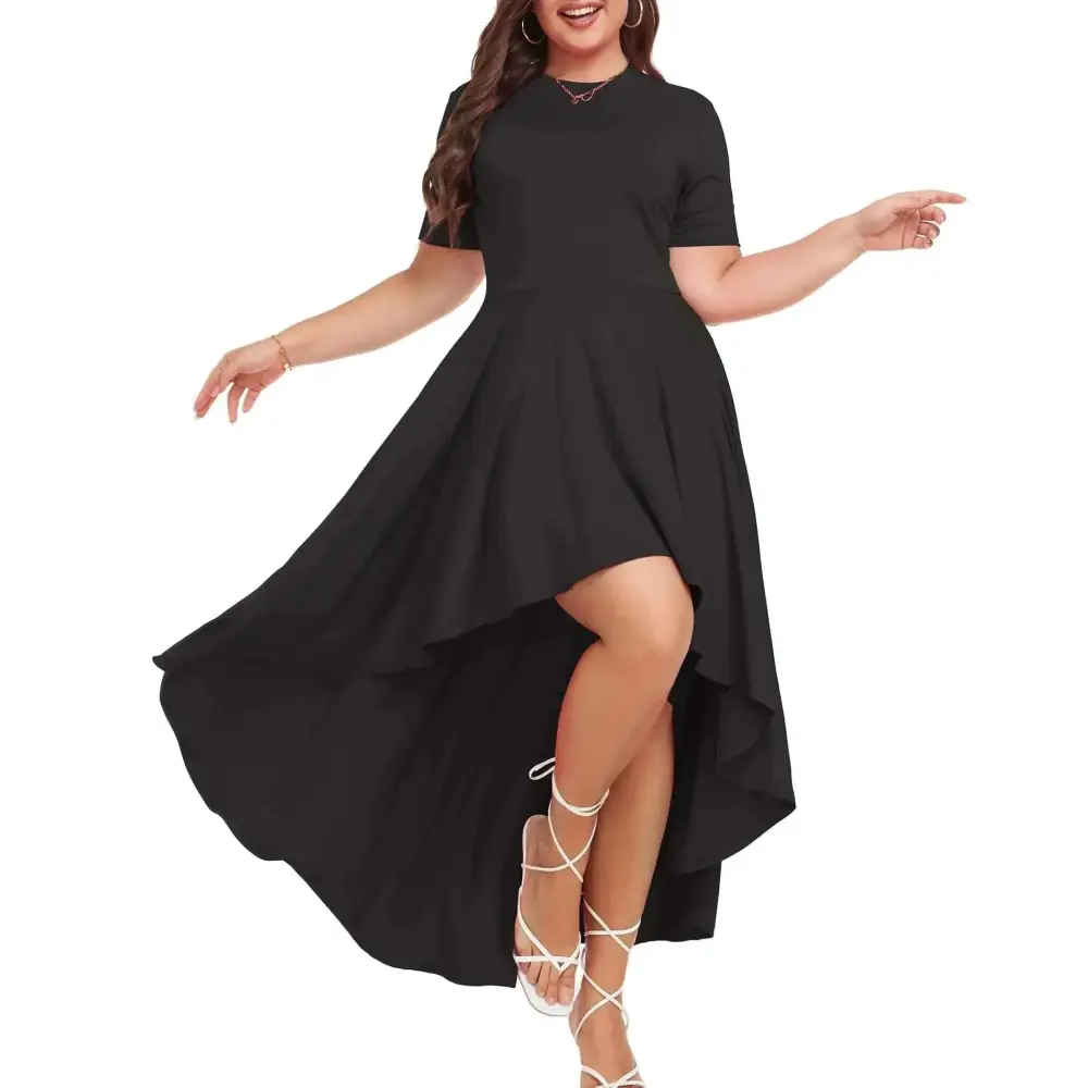 Plus size short sleeve high low maxi dress in black with flowing skirt for elegant occasions