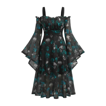 Plus size skull renaissance costumes dress featuring a black off-the-shoulder sleeves dress with teal skull and rose print