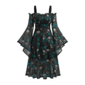 Plus size skull print renaissance costumes dress featuring a black off-the-shoulder sleeves dress with sheer bell sleeves and teal print