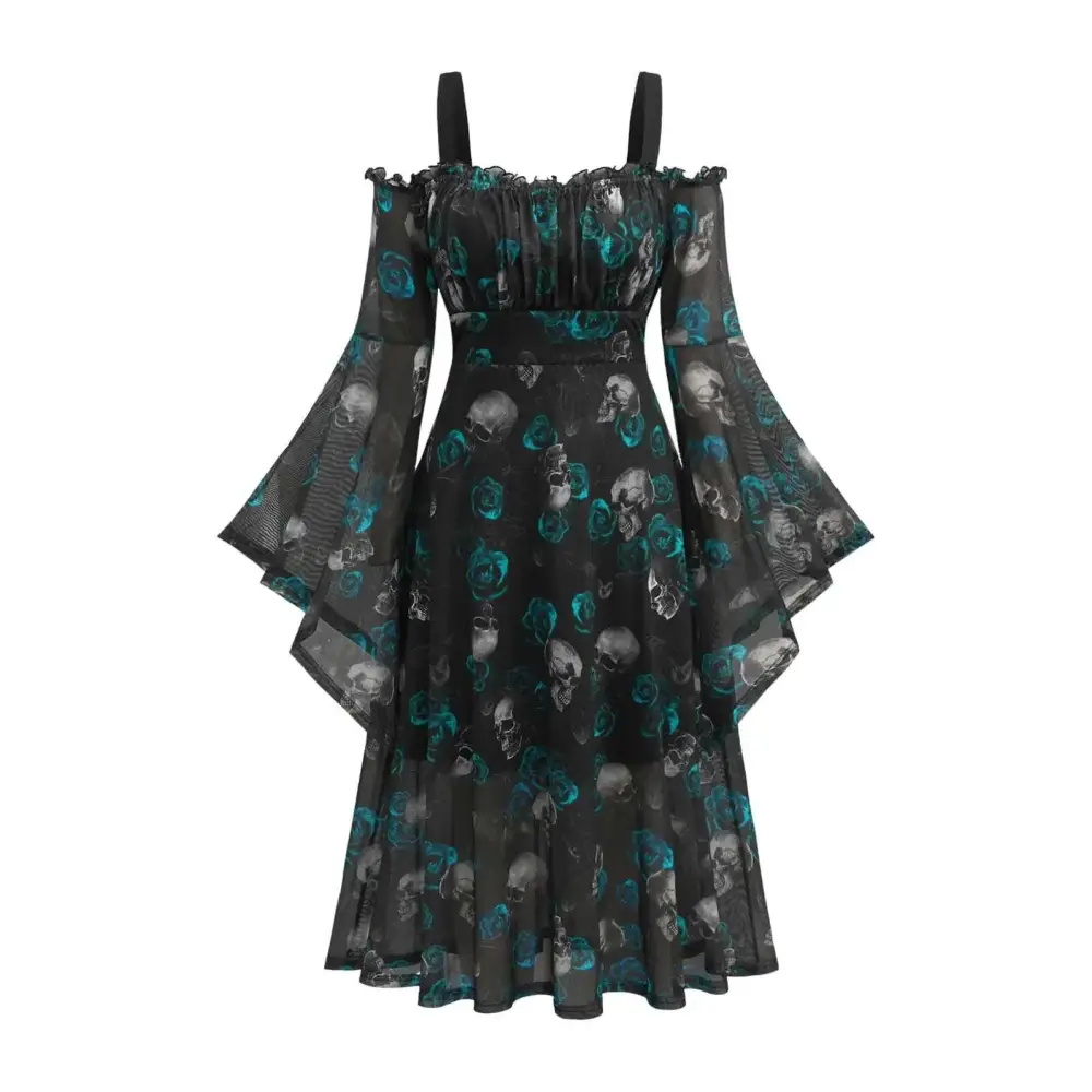 Plus size skull print renaissance costumes dress featuring a black off-the-shoulder sleeves dress with sheer bell sleeves and teal print