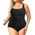 Plus size square neck ruched black one piece swimsuit with tummy control and flattering ruched detailing