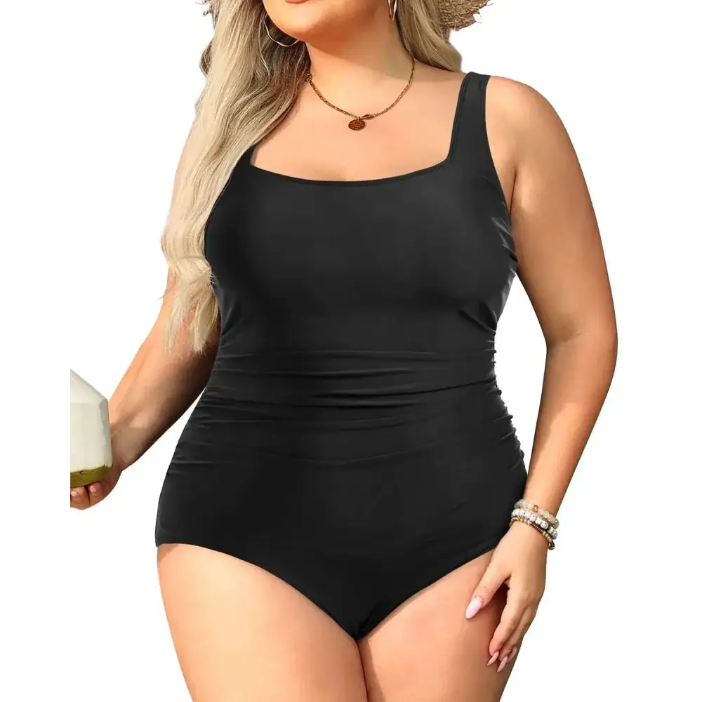 Plus size square neck ruched black one piece swimsuit with tummy control and flattering ruched detailing
