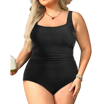 Plus size square neck ruched black one piece swimsuit with tummy control and flattering ruched detailing