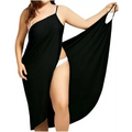 Plus size suspenders black one-shoulder flowy beach skirt cover up with high slit and thin straps perfect for summer