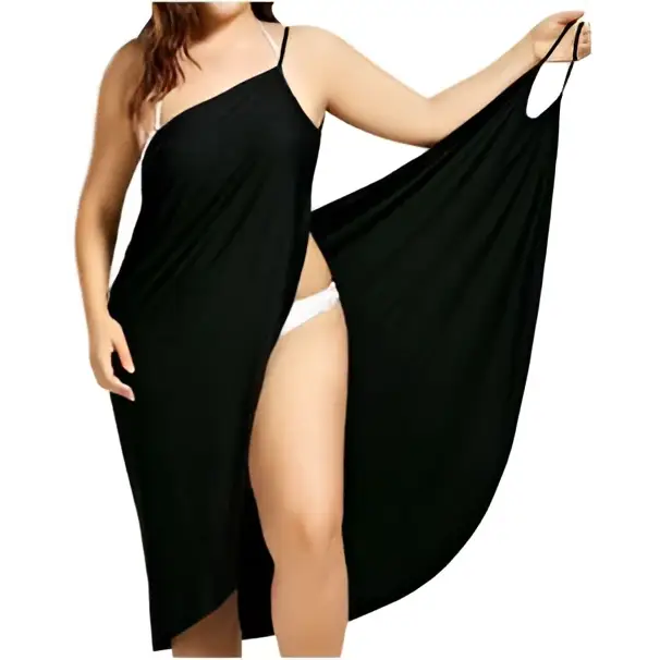 Plus size suspenders black one-shoulder flowy beach skirt cover up with high slit and thin straps perfect for summer