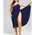 Plus size suspenders beach skirt in navy blue flowing fabric with one shoulder cover and high slit design
