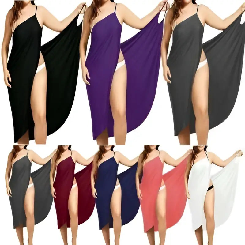 Plus size suspenders beach skirt one shoulder cover up dress in flowing fabric available in black purple gray white and red