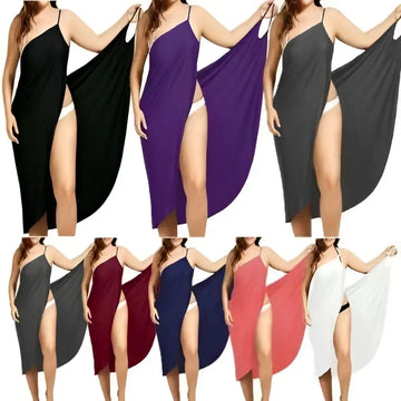 Plus size suspenders beach skirt one shoulder cover up dress in flowing fabric available in black purple gray white and red