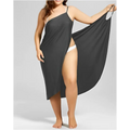 Black plus size suspenders beach skirt one shoulder cover up with flowing fabric, thin straps, and high slit