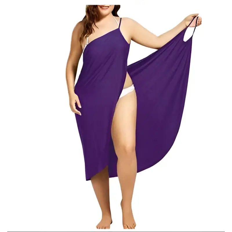 Plus size suspenders beach skirt one shoulder cover up in flowing purple fabric with thin straps and high slit for beachwear