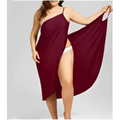 Plus size suspenders beach skirt one shoulder cover up in flowing maroon fabric with high slit and thin straps
